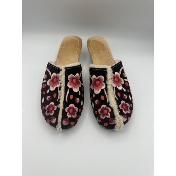 Prada Car Shoe Clog Women 7.5 37.5 Black Shearling Floral Embroidered Italy Boho - Picture 5 of 7